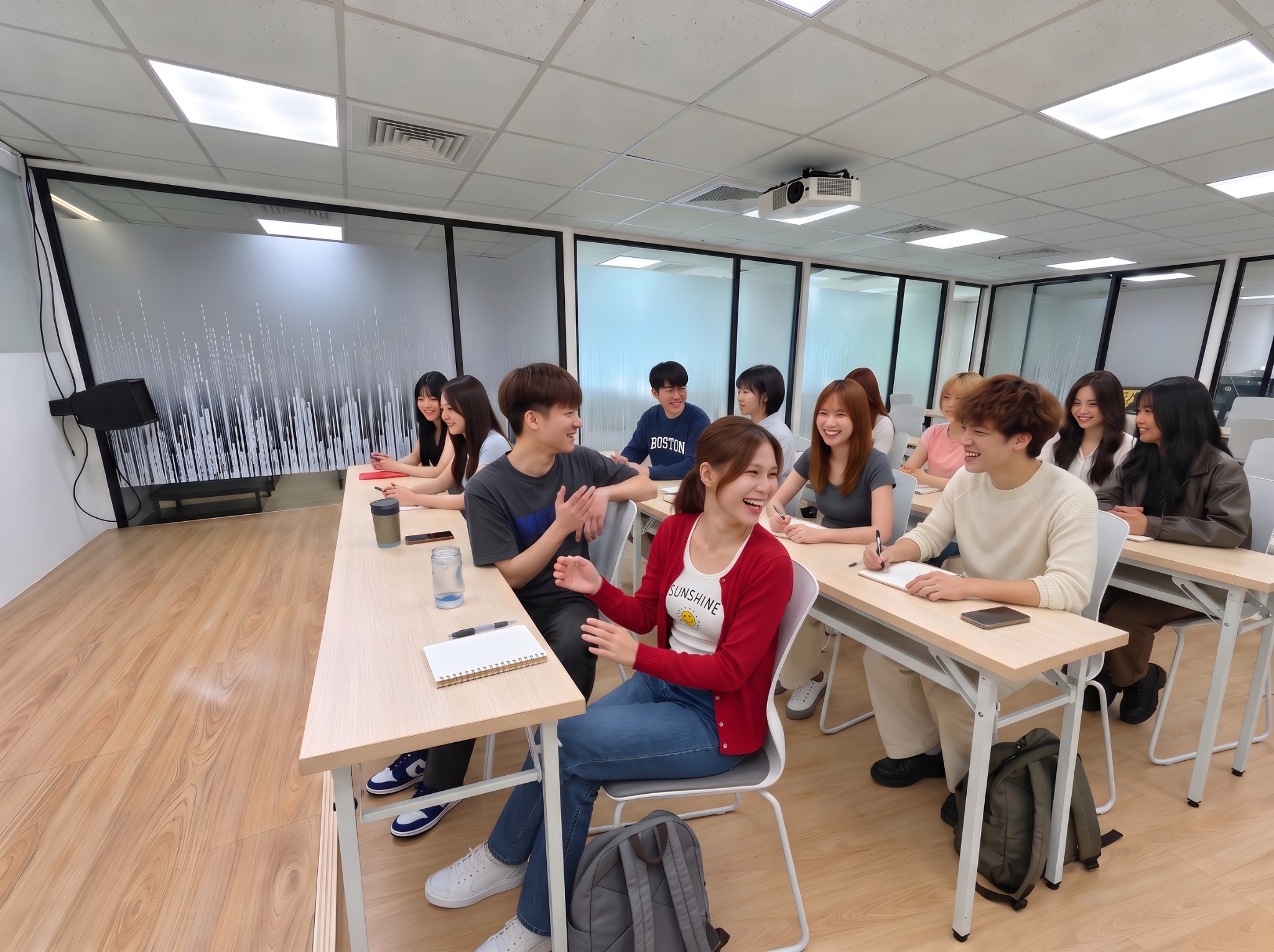 教室情境示意:多人坐在長桌前,微笑交談,桌上有筆記本