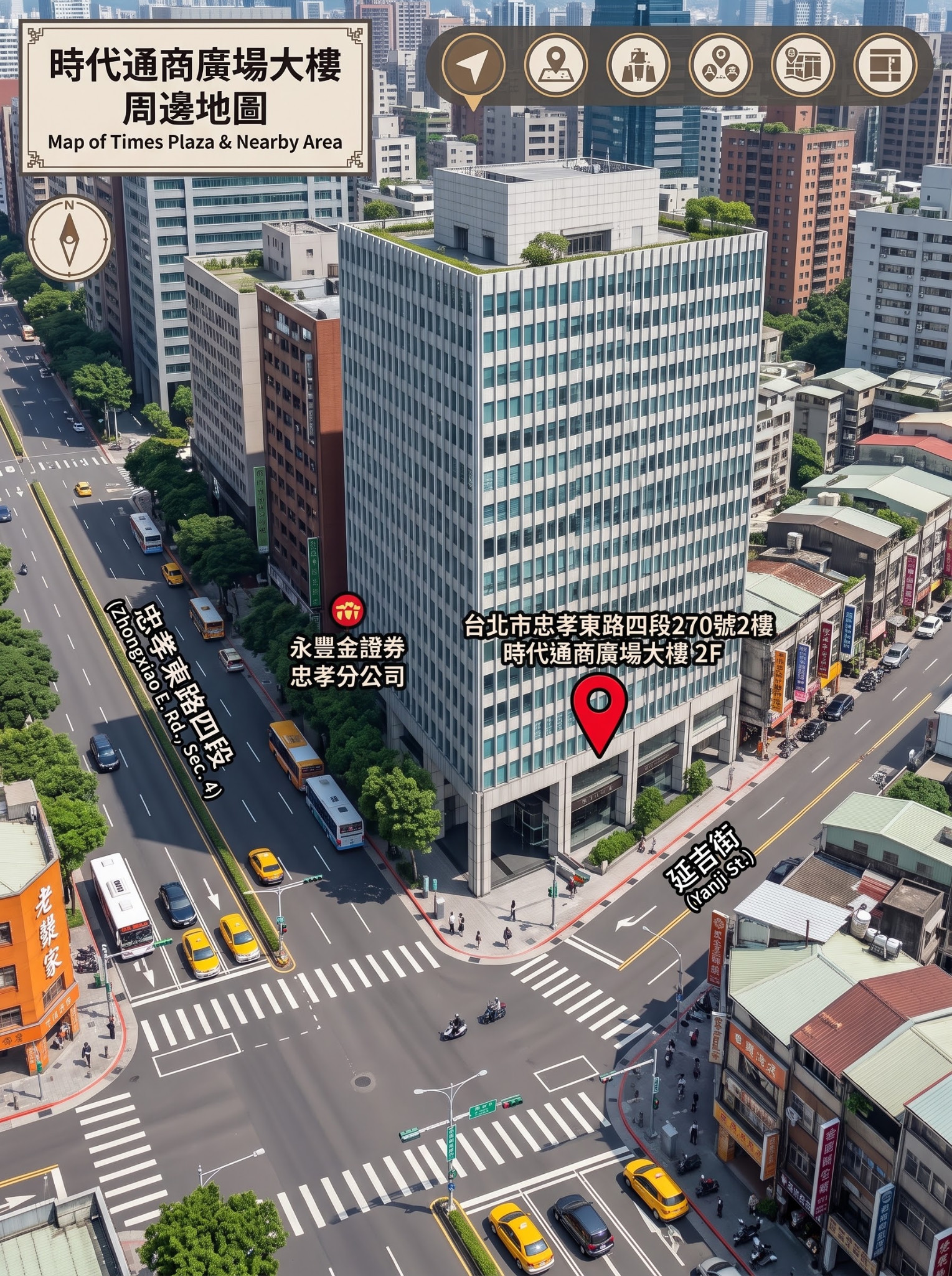 使用者提供的時代通商廣場大樓周邊位置示意圖,標示忠孝東路四段270號2樓與附近道路